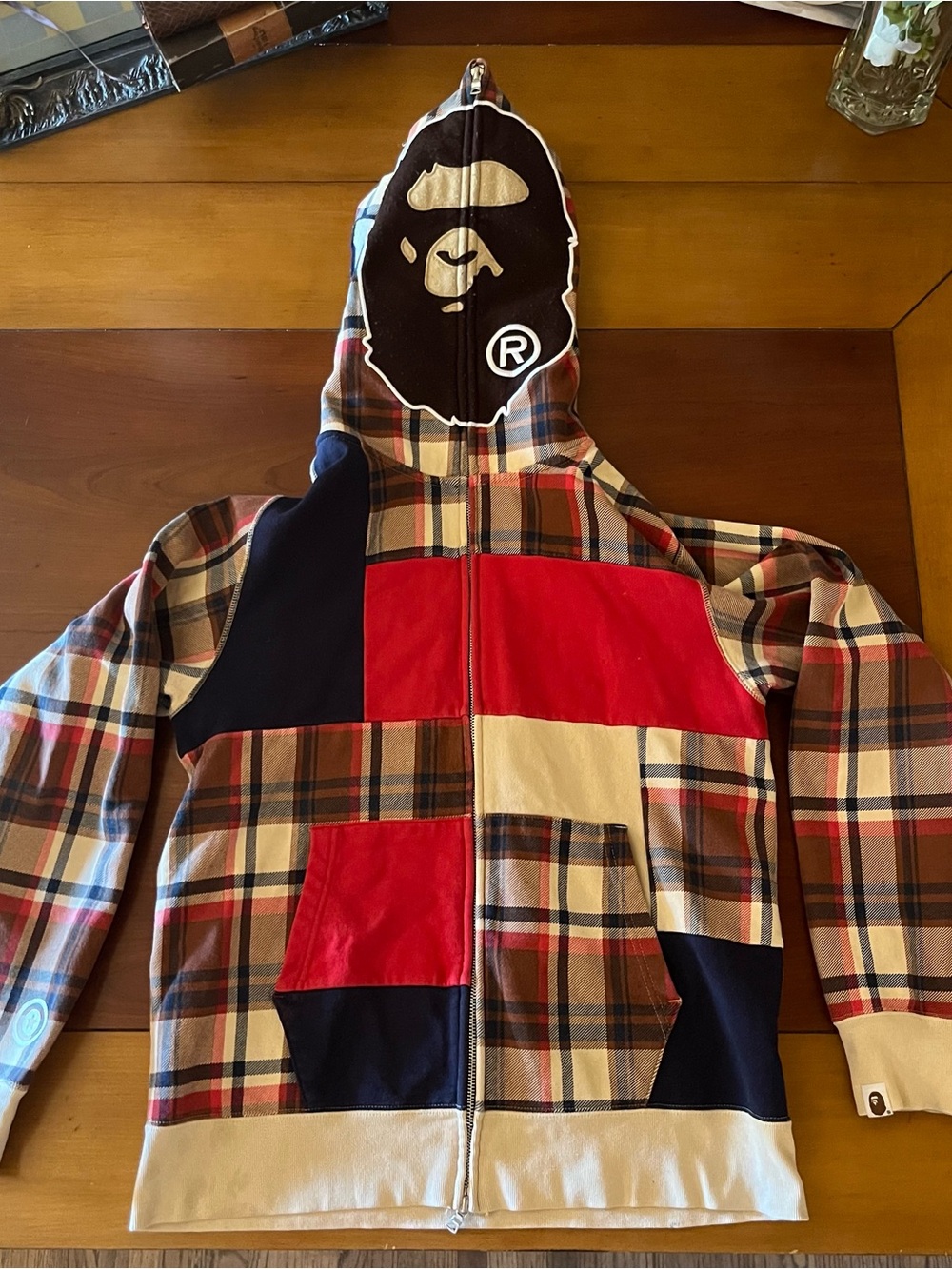 Bape Zip Up hoodie Patchwork Plaid Zip Hoodie in Red, Navy, Cream, Brown